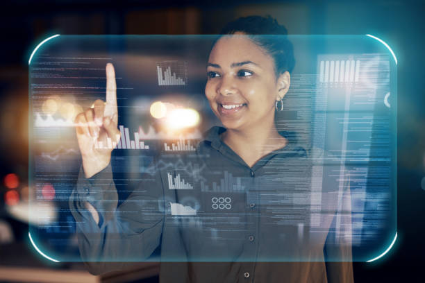 istock Hologram dashboard, data or woman touch fintech insight hud, business administration statistics or virtual accounting ui. African financial analyst, future night panel or accountant review bank chart 1494537825