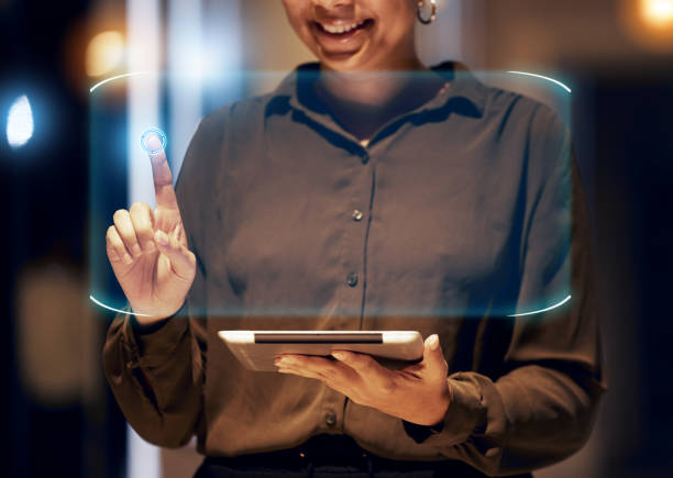 istock Futuristic, business hud and woman with tablet in future technology and digital overlay data in virtual reality. Hands on biometric cyber system hologram, innovation and ux design user in vr office. 1494537826