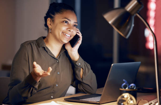 istock Phone call communication, night or business woman explain idea, proposal or plan on digital chat with investment contact. Networking conversation, discussion or person talking, speaking or consulting 1494538554