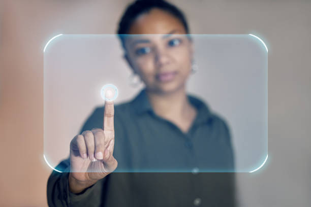 Futuristic, hologram and black woman with finger on button in future technology and digital overlay virtual reality. Hands, biometric security system and innovation in ux design, touch screen mockup.
