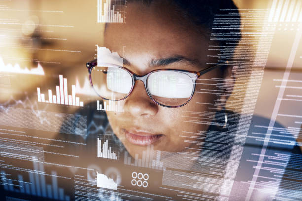 istock Future screen, statistics and night woman reading data analysis of fintech insight hud, administration or bank accounting. Financial analyst, face overlay and African accountant review business chart 1494540056