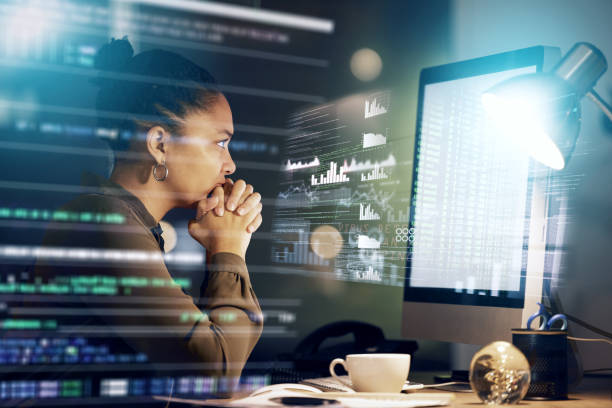 istock Computer stress, woman with hologram data and reading future fintech insight, administration chart or accounting overlay. Mistake, night problem and African accountant thinking of financial crisis 1494540149