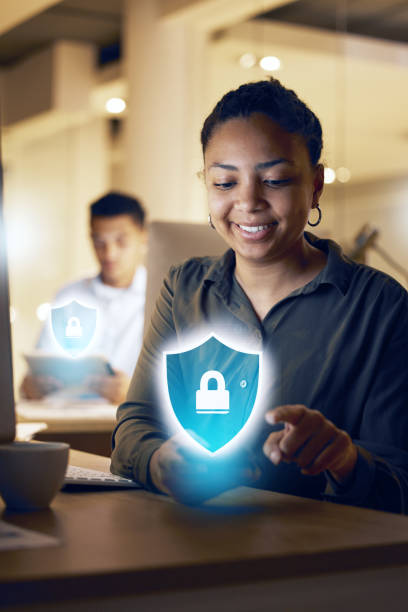 Phone hologram, cybersecurity or night woman with digital banking safety, password protection or biometric fintech lock. Smartphone cyber security, mobile data encryption or African girl with shield holograma telefónico, ciberseguridad o mujer nocturna con seguridad bancaria digital, protección por contraseña o bloqueo biométrico fintech. seguridad cibernética de teléfonos inteligentes, cifrado de datos móviles o niña africana con escudo