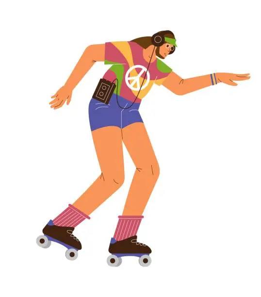 Vector illustration of Man in the 70s style outfit roller skating and listening to music retro flat vector illustration. Woman from the 70s. Isolated on white.