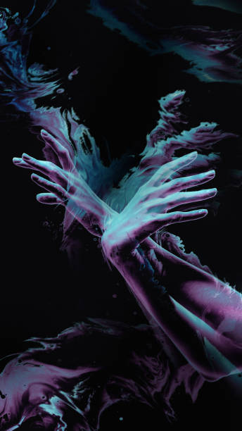 Art collage, design with neon hands for wallpapers, design, background. Vertical banner. Glitch effect. Abstract art in surrealism and futurism. Concept of minimalism and imagination. Blurred