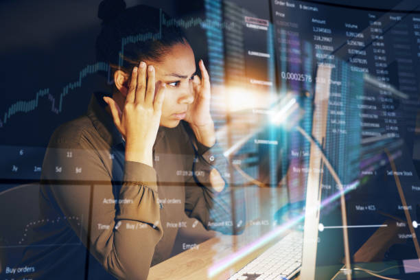 istock Future data, computer and woman stress over financial fail, investment overlay or night trading. Mental health problem, economy fail and African trader risk on stock market crash, crisis or dashboard 1494540708