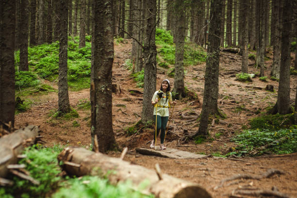 istock Woman in the mountains in the forest with a backpack 1494540762