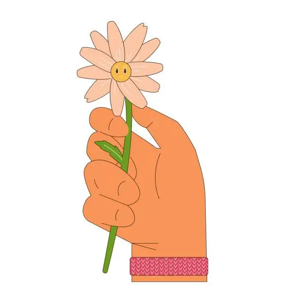 Vector illustration of Hand holding chamomile flower with funny face retro flat vector illustration. Peace concept in the 70s style. Isolated on white.