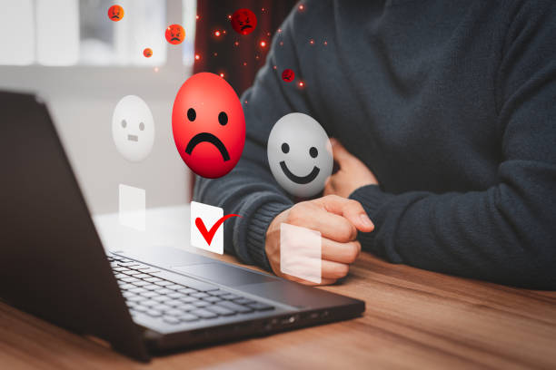 istock Man client with angry emotion face on virtual screen, bad review, dislike service, assessment low rating, feedback not good. Business service concept of customer testimonial experience dissatisfied. 1494544210