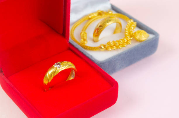 Gold ring on red velvet box.