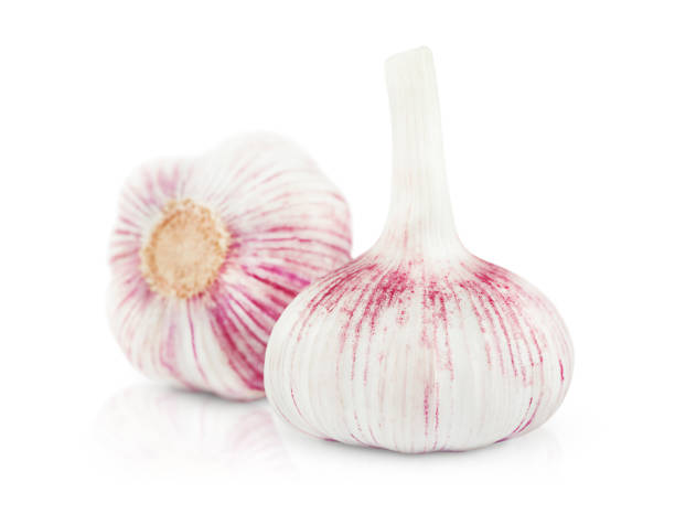 two fresh garlic heads are highlighted on a white background