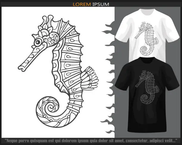 Vector illustration of seahorse mandala arts isolated on black and white t-shirt.