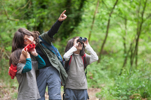 Three brothers, equipped with binoculars, are exploring the forest together. The older brother is guiding and assisting the two younger ones in their exploration.