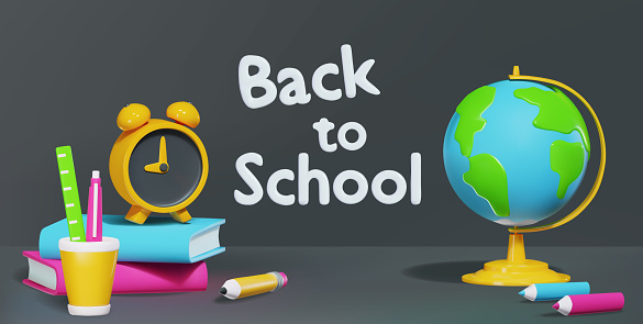 Horizontal banner with text back to school. Alarm clock, globe, books, stationery. Vector illustration in 3d style