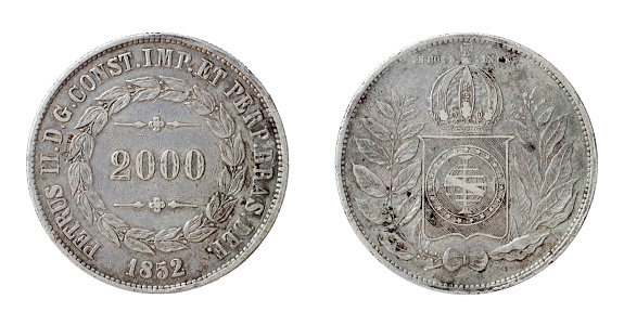 Brazilian silver coin of 2000 réis from 1852 front and back. Empire of Brazil. Colonial period.