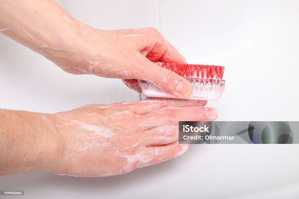 Lavado de manos de mujer soapy en el baño - Foto de stock de Adulto libre de derechos