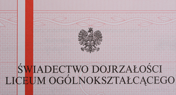 High school graduation certificate with a red stripe, exemplary student. Write in polish \