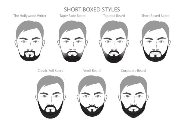 ilustrações, clipart, desenhos animados e ícones de conjunto de barba curta e bigode, nome estilo texto homens rosto ilustração cabelo facial. retrato cinza preto do vetor - men human hair beautiful chin