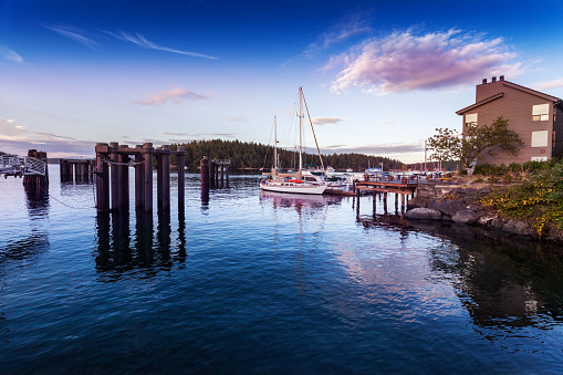 Boats anchored for the night in Friday Harbor, San Juan Island, Washington