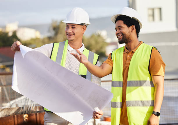istock Engineer, employees and men with blueprints, construction site and conversation for planning, process and collaboration. Architecture, male manager and architect with paper and property development 1494557572