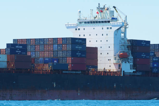 CMA CGM container transport ship at Freeport Centre in Marsaxlokk stock photo