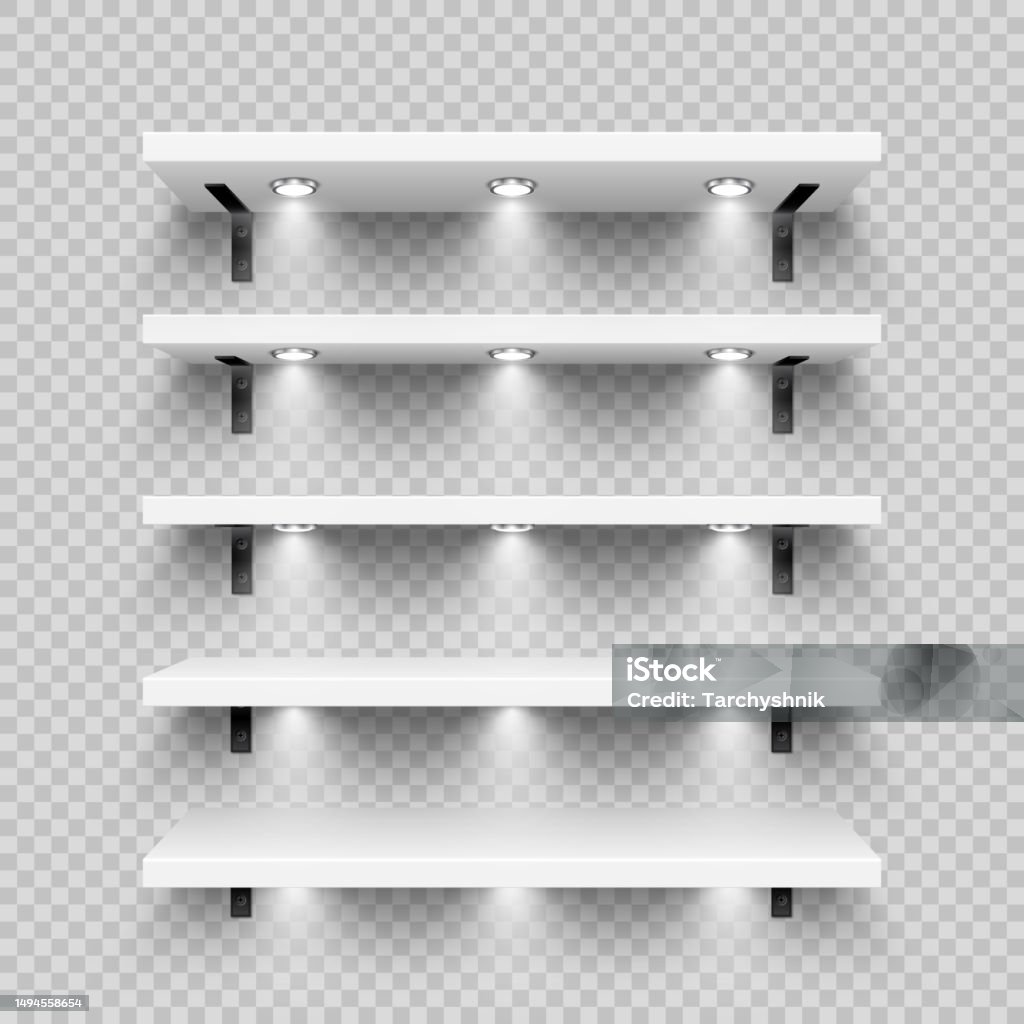Store Shelf Graphics Realistic White Store Shelves With Wall Mount And Lighting Spotlights ...
