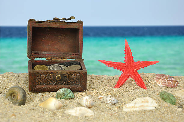 Summer scene #10 - Red starfish and treasure on beach