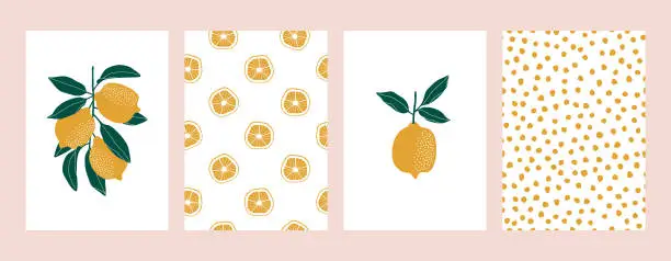 Vector illustration of export.datSet of bright summer cards with lemon, lemon slice, patterns.