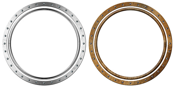 Two metal portholes with screws isolated on white background, 3d illustration.