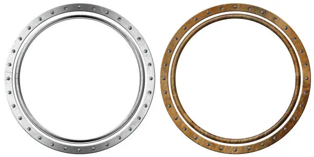 Photo of Two Metal Portholes Isolated on White Background