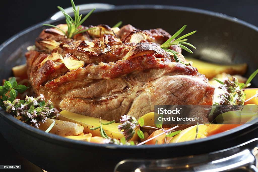 BBQ meat with vegetable Tasty roasted pork meat with western potatoes and vegetable Barbecue - Meal Stock Photo