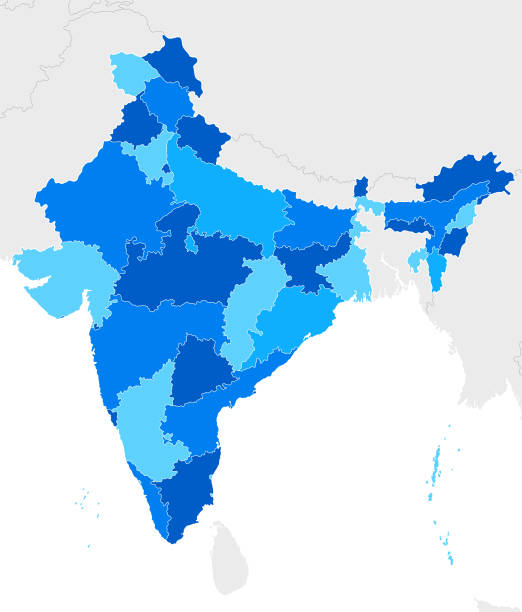 высокодетализированная индия синяя карта с регионами и национальными границами индии, непала, бутана, китая, бангладеш, пакистана, мьянмы, � - india map sri lanka pakistan stock illustrations