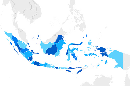 High detailed Blue Indonesia map with Regions and national borders of Indonesia, Brunei, Papua New Guinea, Australia, Singapore, Malaysia, Cambodia, Vietnam, Thailand, Philippines