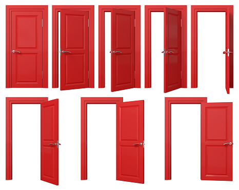 Red doors set with silver handle. Front view opened and closed door. 3D rendered image