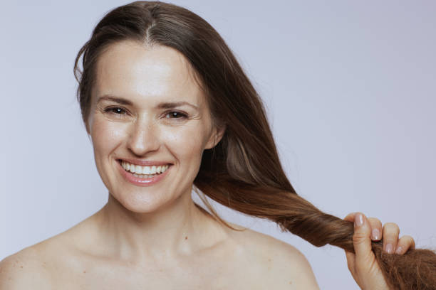 happy woman with long hair stock photo