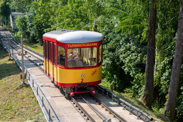 Turmbergbahn Karlsruhe-Durlach, Germany Karlsruhe, Germany - May 27, 2023: Departing Turmbergbahn train. The Turmbergbahn is a funicular railway in Karlsruhe-Durlach in Germany. It is the oldest operating funicular in Germany. karlsruhe durlach stock pictures, royalty-free photos & images