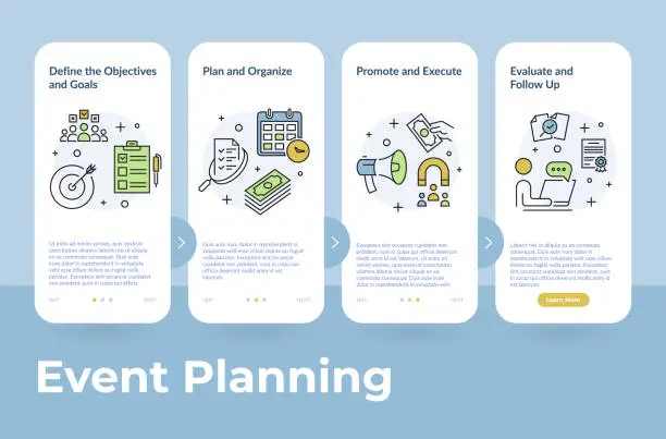 Vector illustration of Event planning steps page mobile application user interface line elements vector illustration