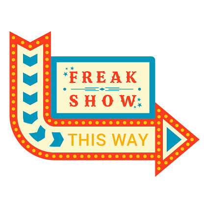 Freak show vintage glowing sign board with pointing arrow vector flat illustration. Amusement illuminated promo signboard with direction pointer fair performance entertainment retro light information