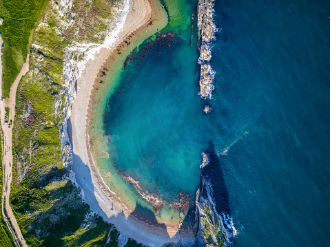 Aerial view of the Man O'War Beach (Durdle Door East) at the Jurrasic Coast of Dorset, England