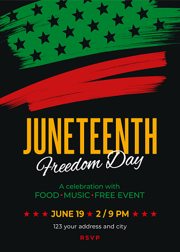 Juneteenth Party Invitation with American flag. Juneteenth Independence Day. African-American history and heritage. Freedom or Liberation day. Card, banner, poster, background design. Stock illustration