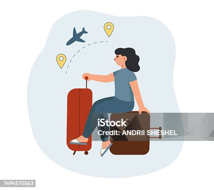 istock Female character is waiting for plane. Woman is sitting on her luggage 1494570563