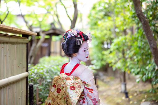 Japanese Maiko (Geisha in training) looking over shoulder on narrow footpath in Gion, Kyoto