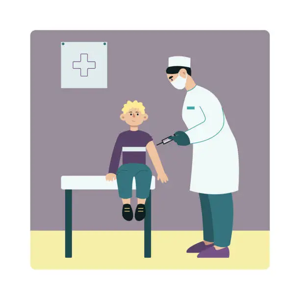 Vector illustration of Cartoon vector female character giving vaccine shot for kid. Work of children nurse