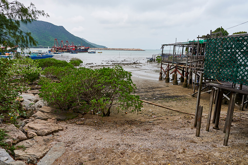 A beach in Tai O, a fishing village in Lantau Island. Hong Kong, China.
