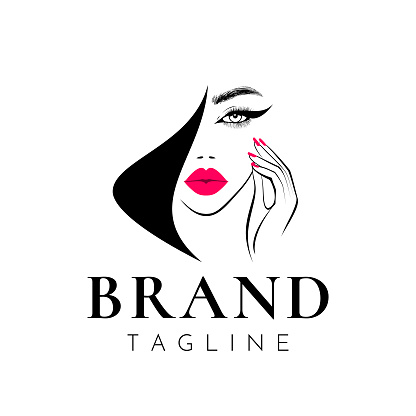 Beauty logo design, woman with viva magenta lips, lush eyelashes, hand with viva magenta manicure nails, black hair, stylish hairstyle. Nail art studio. Hair studio. Vector illustration