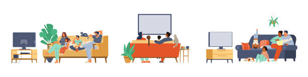 Different families with kids and pets watching TV together on the sofa vector illustrations set. Different families with kids and pets watching TV together on the sofa vector illustrations set. Parents and children spending time together at home. kids watching tv stock illustrations