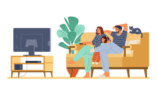 Family with a cat watching TV together sitting on the couch flat vector illustration. Parents with little daughter watching video. Family with a cat watching TV together sitting on the couch flat vector illustration. Parents with little daughter watching video. kids watching tv stock illustrations