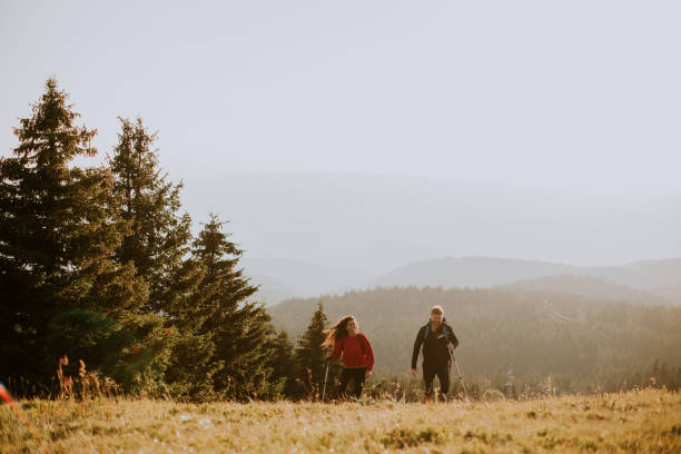 istock Smiling couple walking with backpacks over green hills 1494578273