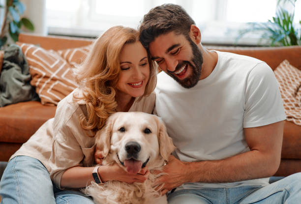 istock Couple with dog at home 1494578617