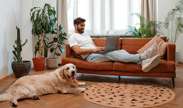 istock Couple with dog at home 1494578730